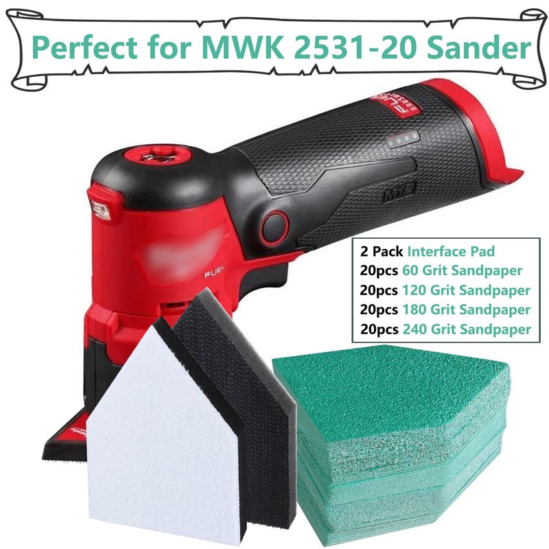 FOWOK 3.54" x 2.56" 80Pcs Detail Sanding Paper and 2 Pads Fits M12 Fuel Sander - 60, 120, 180, 240 Grit (20 of Each) Heavy Duty Hook & Loop Cloth Sandpaper for Detail Sander -FMS82 - Image 2